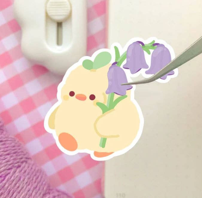 Floral Bluebell Cute Duck Die Cut Sticker