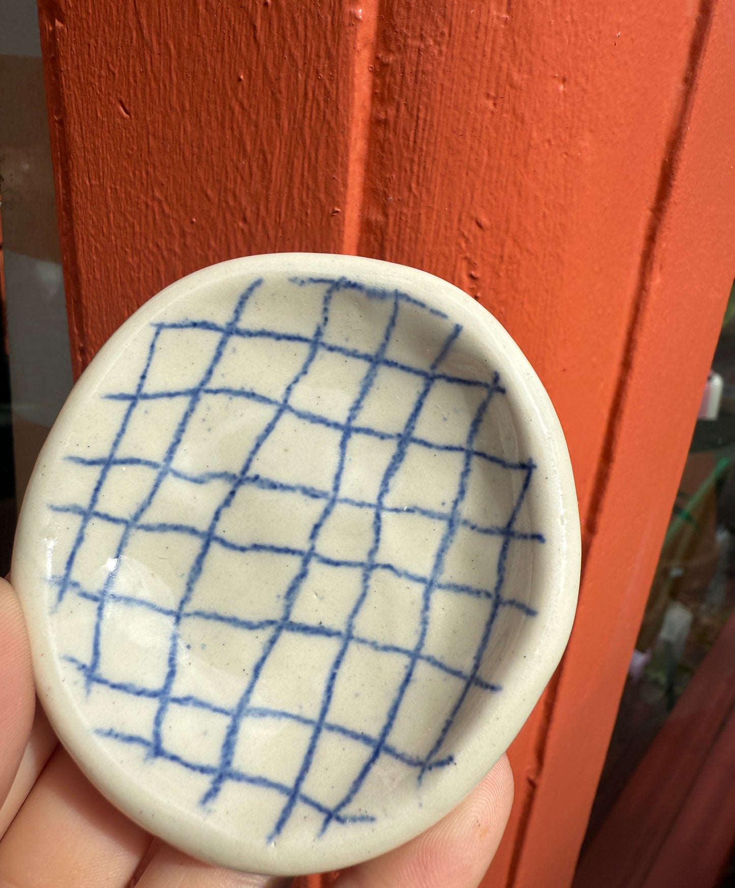 Blue checked Round Trinket Dish