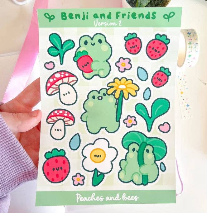 Benji and Friends sticker sheet-Cute frog mushroom stickers