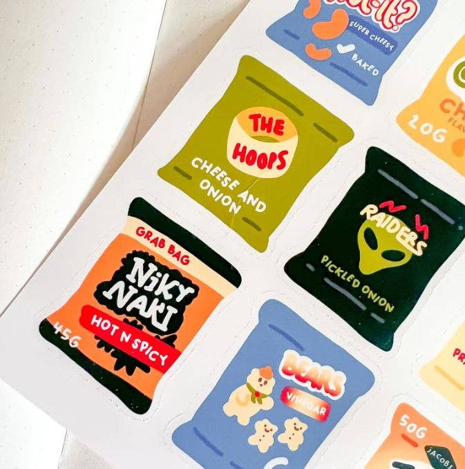 British classic crisps sticker sheet - food themed stickers