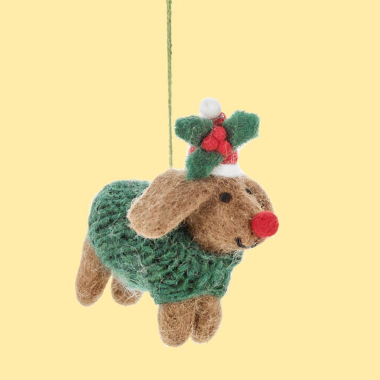 Handmade Felt Rudolph Dachshund Dog Hanging Christmas Decor