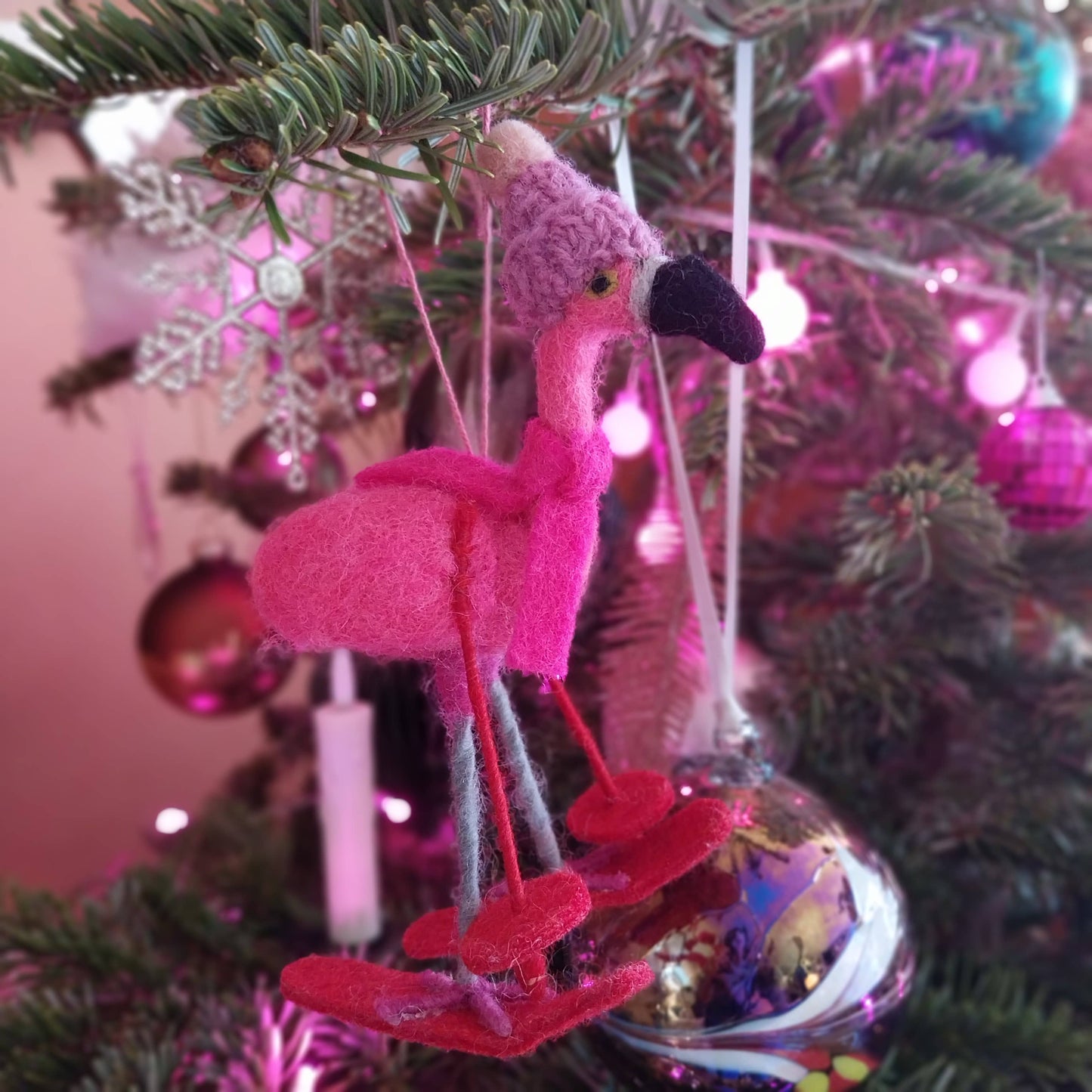 Handmade Felt Skiing Flamingo Hanging Christmas Decoration