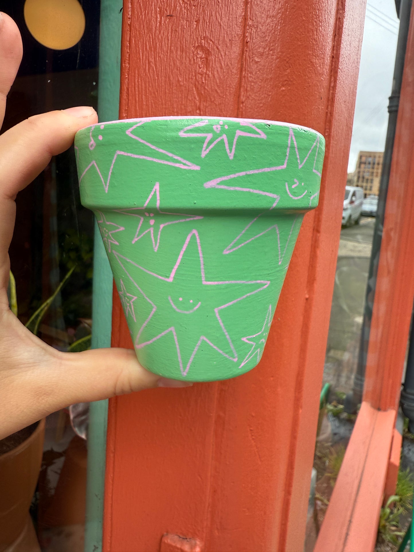 Hand painted 9cm Green Star Pot