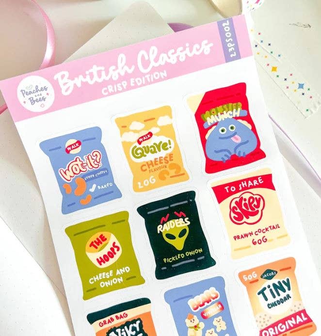 British classic crisps sticker sheet - food themed stickers