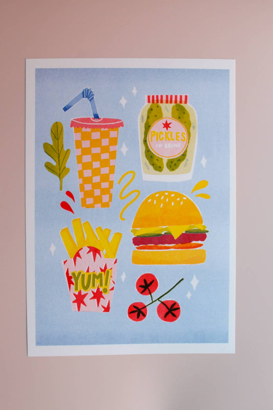 Burger and Fries Risograph A4 print