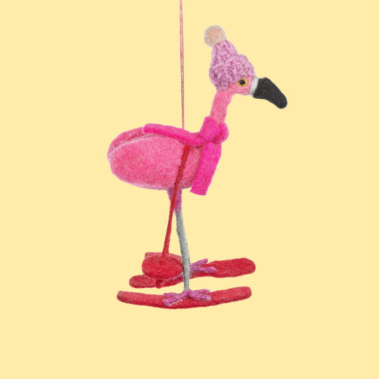 Handmade Felt Skiing Flamingo Hanging Christmas Decoration