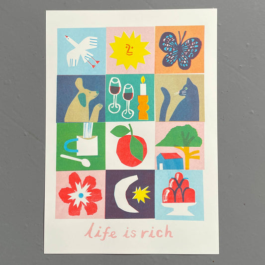 'Life Is Rich' Colourful Risograph Art Print A3